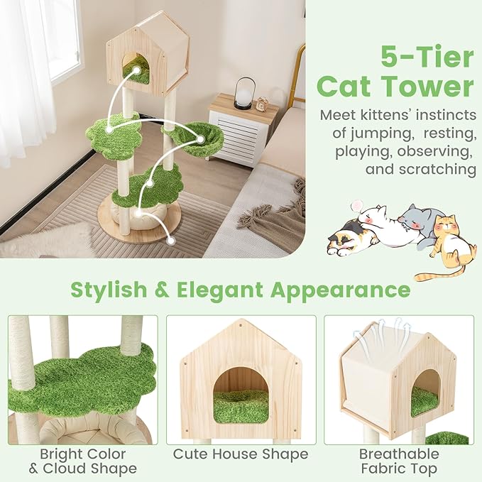 PETSITE 55 Inches Tall Wood Cat Tree, Multi-Level Modern Cat Tower with Sisal Scratching Posts, Condo, Side Hammock and Bed, Ideal for Indoor Cats