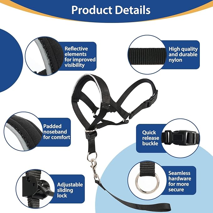 BARKLESS Head Collar for Dogs, No Pull Head Halter for Large Medium Small Dogs, Dog Halter Stops Heavy Pulling, Muzzle Leash with Padded Safety Strap for Walking Training(Black, M)