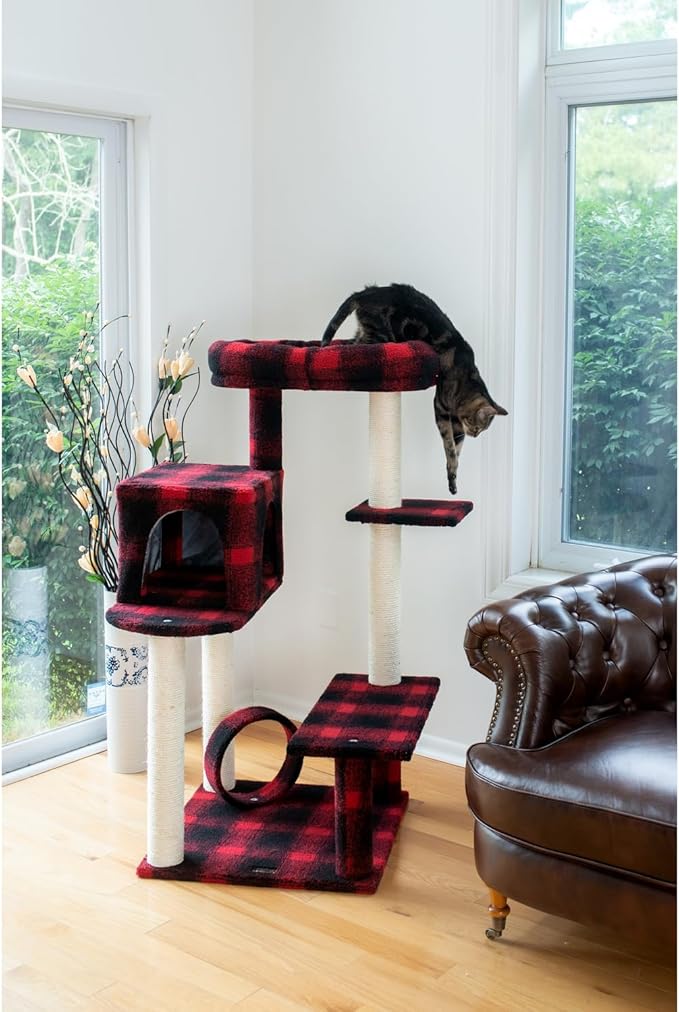 Cat Tree - 50" Plaid Cat Condo with Scratching Posts, Lounger & Veranda