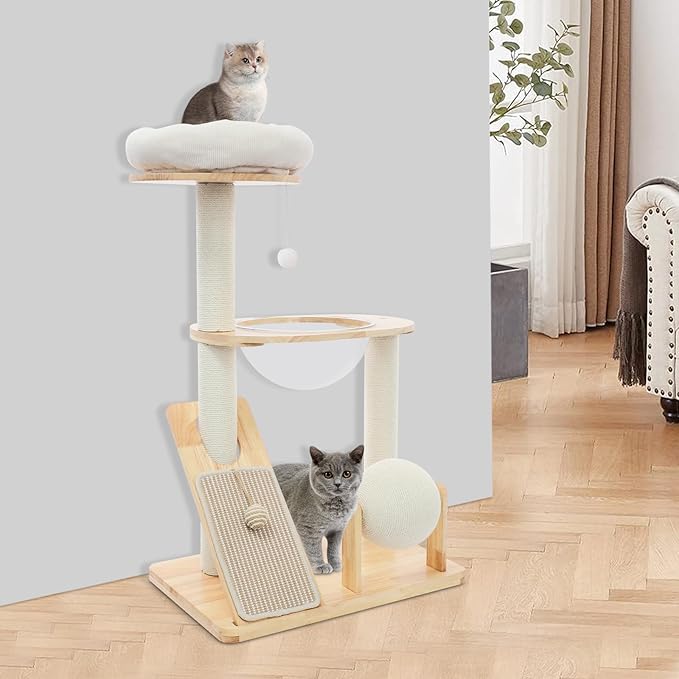 Multifunctional Cat Tree, Wooden Cat Tree Tower with Space Capsule and Scratcher, Cats Climbing Tower Set for Cats Climbing, Scratching, Sleeping, Exercising (Style 02)
