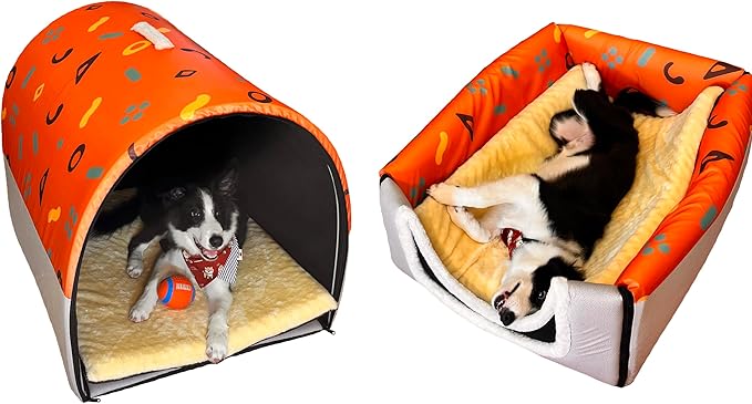 Dog Bed or Cat Bed,2 Ways to Use,Indoor Pet House with Fluffy Mat,Removable and Washable Cover,Splash-Proof House and Non-Slip Bottom,for Cats and Small Dogs(M Orange & Gray)