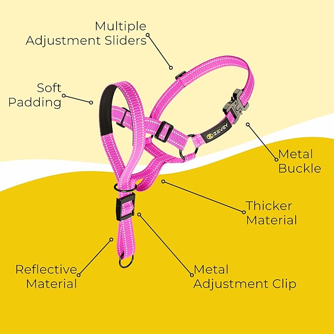 Dog Headcollar With Leash And Safety Strap Stops Heavy Pulling On The Leash Padded Reflective Head Halter For Small Medium Large Dogs Adjustable Head Harness For Training And Walking, (XL, Pink)