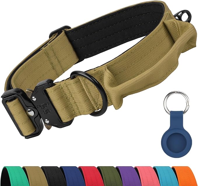 Joytale Tactical Dog Collar for X-Large Dogs with Control Handle, Heavy Duty Military Training Collar for Power Breeds, AirTag Holder Case, Quick Release Metal Buckle, Soft Padded, XL, Khaki