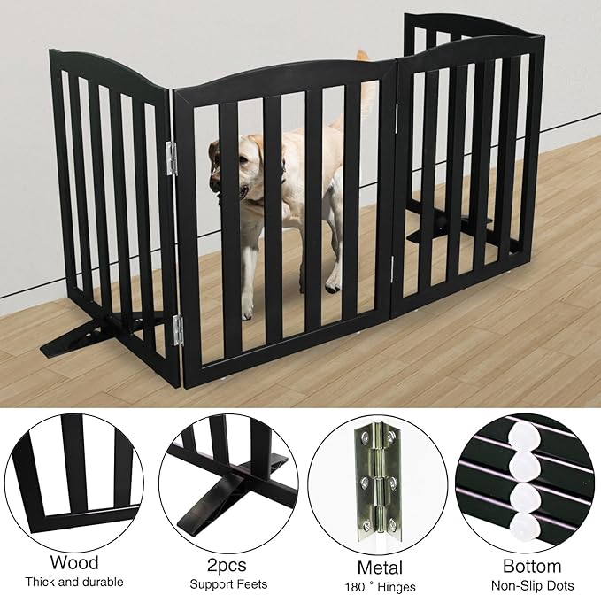 Freestanding Dog Gate Indoor,Doggie Gate Foldable Pet Gates for Doorways,Stairs or Hallways, Wooden Black Pet Gate for the House, Pet Fence with Support Feet Included,24 "Height-4 Panels