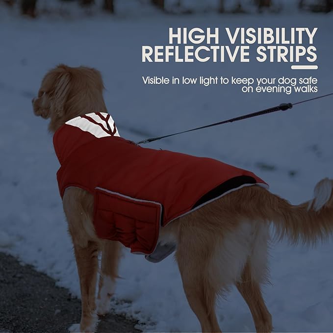 Kuoser Dog Coat Large, Cold Weather Reflective Waterproof Dogs Jacket with Warm Fleece Lining, Turtleneck Dog Winter Coat with Zipper, Doggy Snow Jacket Pet Coats for Small Medium Large Dogs, Red L