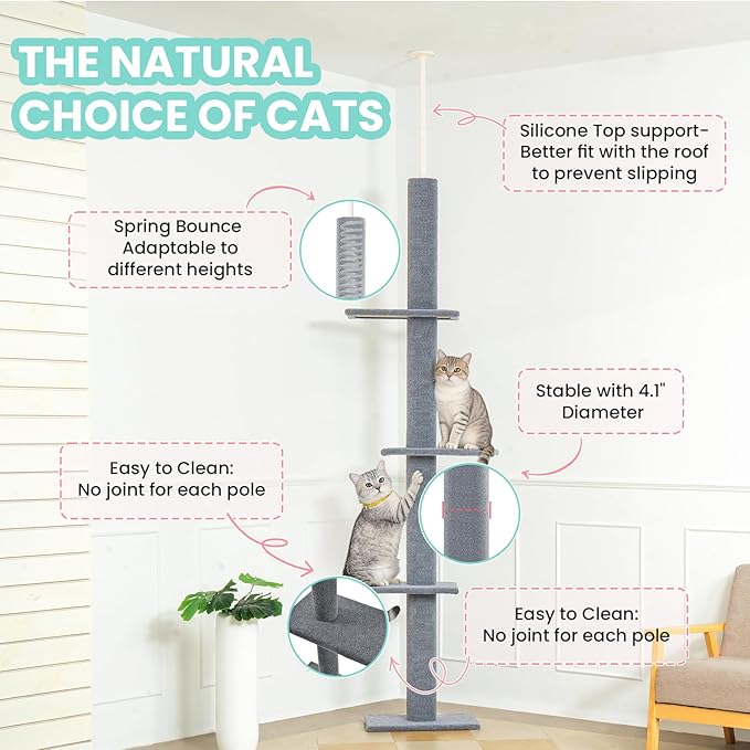 Max & Marlow Cat Tree Floor to Ceiling Cat Tower Height 95-108" Adjustable Kitten Tree Tall Climbing Tree with Carpet Scratching Post and Mat Cat Pole for Indoor Cats,Light Grey