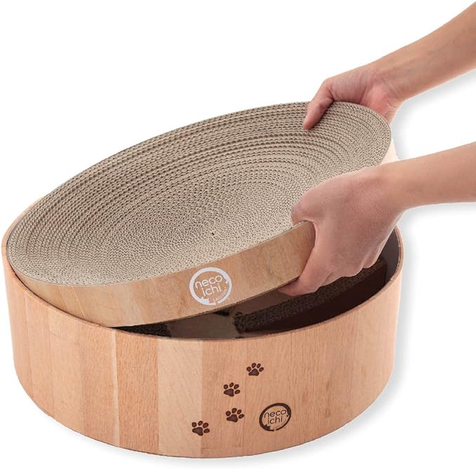Necoichi Cat Scratcher Bowl Replacement for Indoor Cats - Cat Scratching Lounger with Reversible Usability and Extra Comfort for Lounge, Cardboard Bed Couch / (XL, Oak)