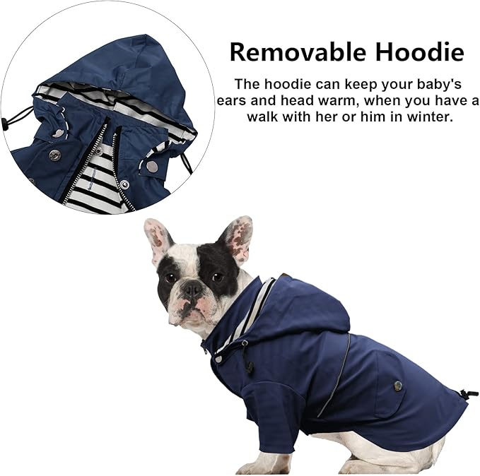 Morezi Dog Zip Up Raincoat with Reflective Buttons, Rain/Water Resistant, Adjustable Drawstring, Removable Hood, Raincoats with Legs 8lbs to 80lbs Available - Dark Blue - XXL