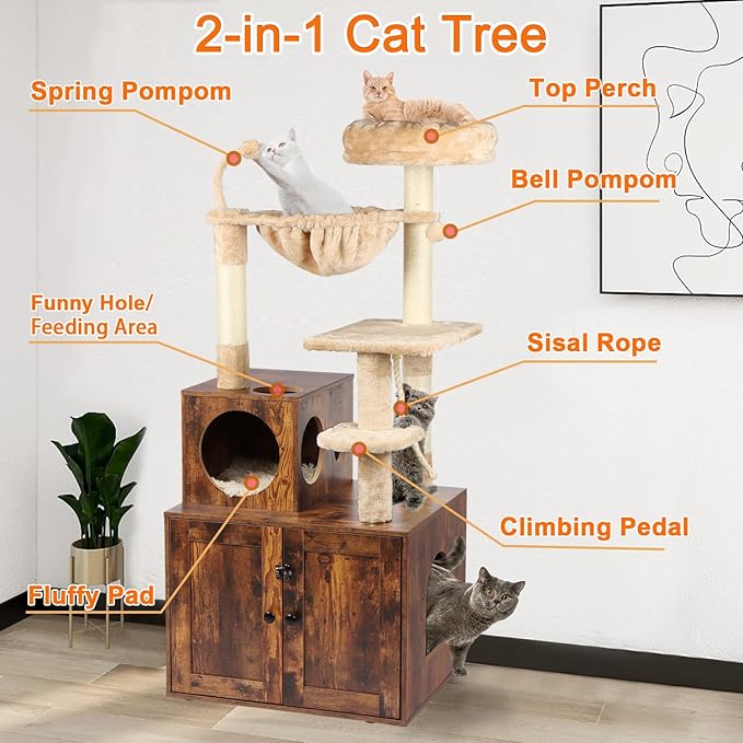 Two Cat Tree with Litter Box Enclosure Bundle, 2-in-1 Cat Tower for Indoor Cats, Large Cat Furniture, Wood Cat Condo