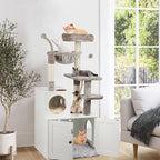 Cat Tree with Litter Box Enclosure, 2-in-1 Cat Tower for Indoor Cats, Large Wood Cat Condo with Basket, Scratching Posts, Pompoms, White