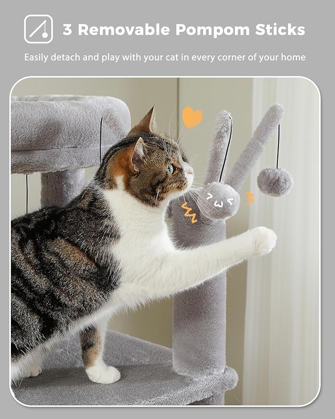 59" Cat Tree, Tall Cat Tower for Large Cat, Multi-Level Tower with 3 Removable Pompom Sticks, Cat Tree for Indoor Cats, Condo with Large Hammock, Scratching Post, and 2 Perches, Grey