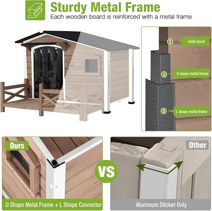 GUTINNEEN Outdoor Wooden Dog House with Metal Frame, Porch and Ventilation Window, Weatherproof Shelter for Small to Medium Dogs, 44.6" L x 41.1" W x 32.9" H (Dark Brown)