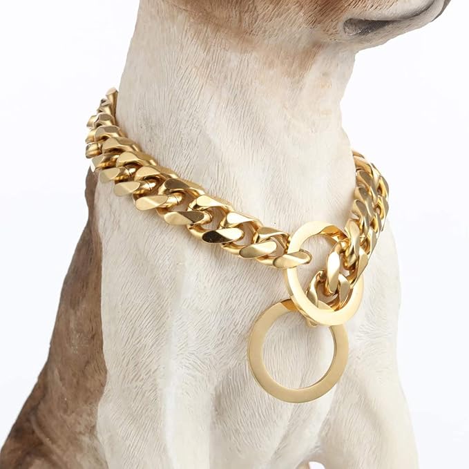 Dog Chain Collar 18K Gold High Polished Stainless Steel Cuban Link Strong Heavy Duty Chew Proof Walking Training Chain Leash Collar for Small Dogs(12mm, 22")