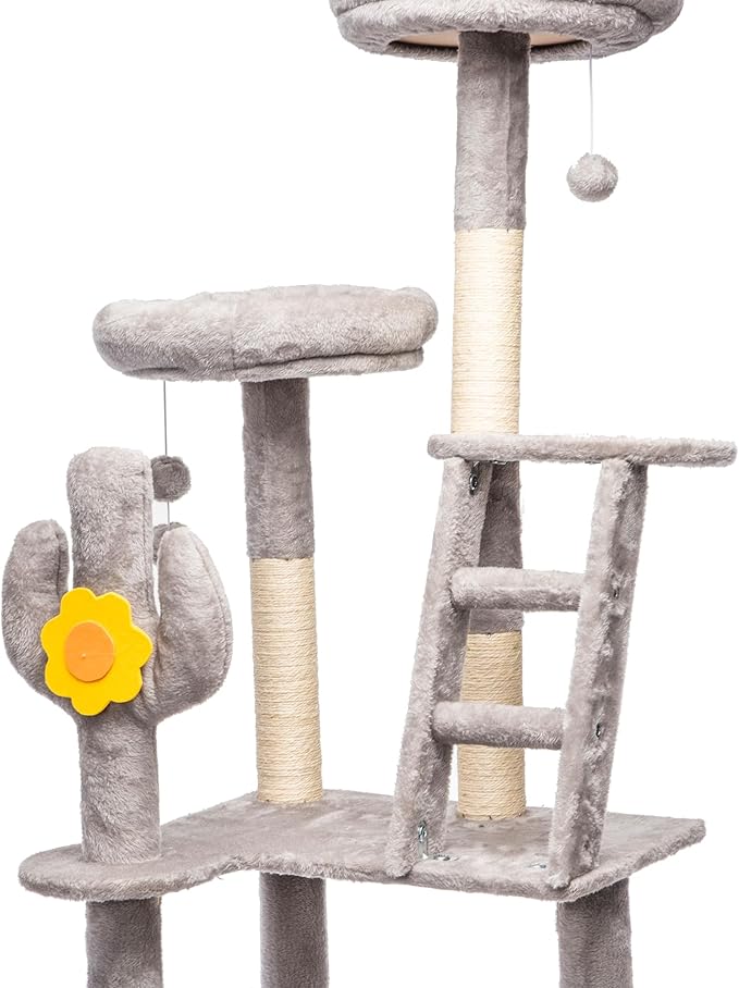 Cat Tree, 72in Indoor Cactus Cat Tree with Transparent Capsule, Sisal Scratching Posts, Plush Perches and Interactive Toys for Kittens and Large Cats, Gray