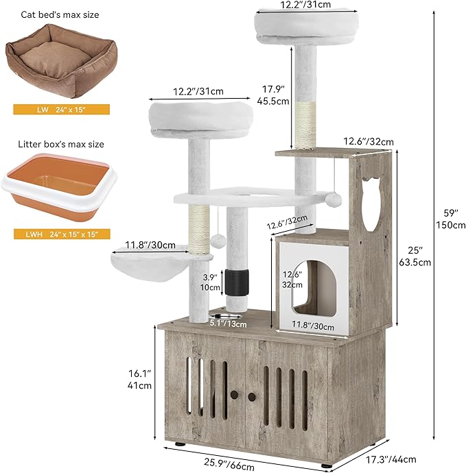 YITAHOME Cat Tree with Litter Box Enclosure, 2-in-1 Cat Furniture, Modern Cat Condo, Indoor Cat Tower with Wood House, Perch, Food Station, Hammocks, Scratch Post, Hair Brush, 59 Inch, Gray
