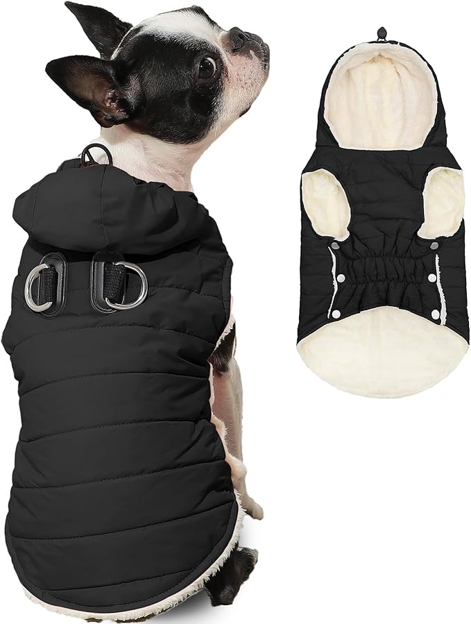 Fleece Lining Dog Hoodie with Harness Built in,Extra Warm Small Dog Jacket in Winter Puppy Coats with Drawstring Hooded,Black M