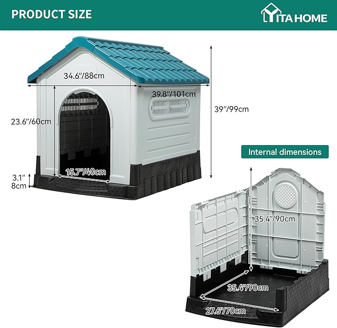 YITAHOME Dog House Outdoor Plastic Doghouse Water Resistant Pet House with Adjustable Skylight and Elevated Base for Small, Medium, and Large Dogs
