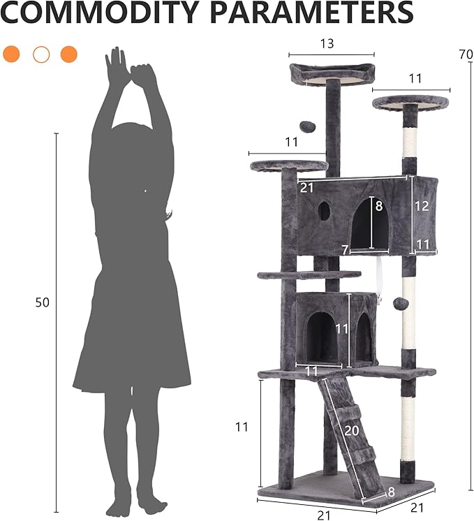 BLKMTY Cat Tree 70" Tall Cats Tower Large Cat Condo Climber Cats Climbing Stand with Top Perches Playhouse and Climbing Ladder Kitty Activity Tree w/Scratching Post Toys, Light Gray