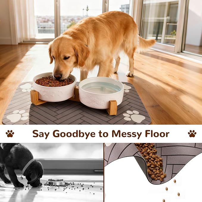Dog Bowls Set with Wood Stand & Mat Waterproof, 1.5 Cups Ceramic Dog Bowls Elevated for Small Dogs, Dual Food and Water Bowls with Weighted Non-Slip Base 13.5 OZ