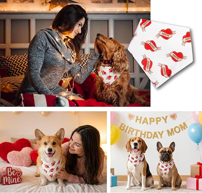 Vintage Mom Heart Dog Bandanas for Valentines Day, Holiday Costume Pet Scarf, Adjustable Snap Button for Medium & Large Breeds (30-75lbs)