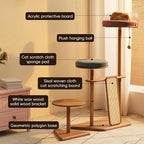 Modern Cat Tree for Living Room - Oak Veneer Cat Tower with Acrylic Pod, Solid Rubberwood, Scratch-Resistant Chenille & Sisal, Modern Cat Furniture for Indoor Cats