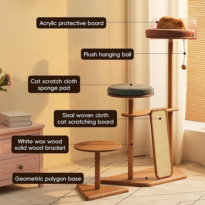Modern Cat Tree for Living Room - Oak Veneer Cat Tower with Acrylic Pod, Solid Rubberwood, Scratch-Resistant Chenille & Sisal, Modern Cat Furniture for Indoor Cats
