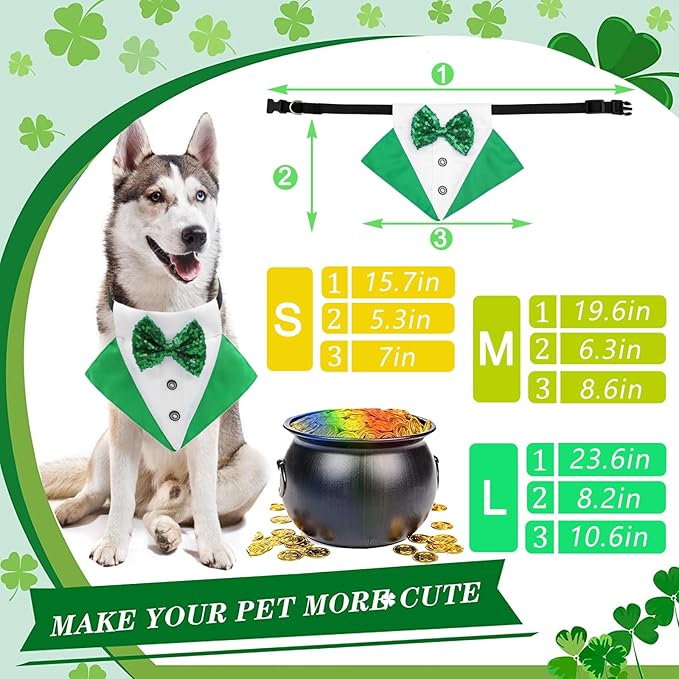 St.Patrick's Day Dog Tuxedo Bandanas Costume Pet Green Irish Outfits Adjustable Saint Patrick's Day Dog Scarf Bow Tie Collar for Large Dogs Cats Cosplay Party Dress Doggie Bibs (Grenn, Medium)