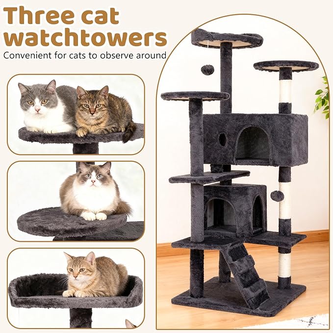 BestOffice 54 Inch Cat Tree, Multi-Level Cat Tower with Condo, Perches, Sisal Scratching Posts, Climbing Ladder,Indoor Activity Center Play House for Kittens & Adult Cats, Ashy