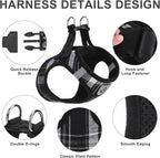 EXPAWLORER Classic Plaid Puppy Harness - Dog Collar and Leash - Soft Mesh Padded Adjustable Step in Small Dog Vest Harness No Pull, Reflective Escape Proof for Outdoor Walking, Black XS