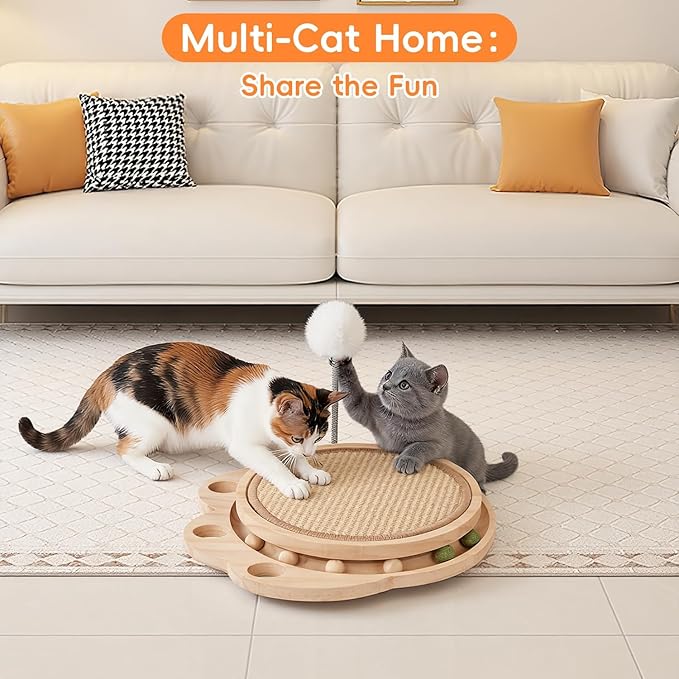 3-in-1 Cat Scratcher Board & Activity Center with Sisal Scratching Pad, Ball Track & Spring Toy, Interactive Cat Furniture for Indoor Cats