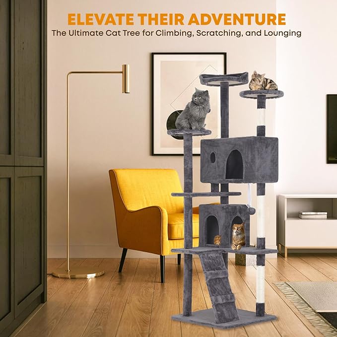 70in Cat Tree for Indoor Cats, Cat Tower with Cat Scratching Post, Multi-Level Cat Furniture, Cat Tower with Funny Toys for Kittens-Light Gray