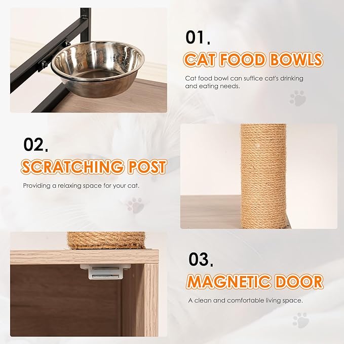Cat Tree with Litter Box Enclosure, 2-in-1 Modern Cat Tree Tower, All-in-one Cat Condo for Indoor Cats with Large Hammock, Bed, Food Station, Scratching Posts, Cat Furniture for Indoor Cats (21.7”)