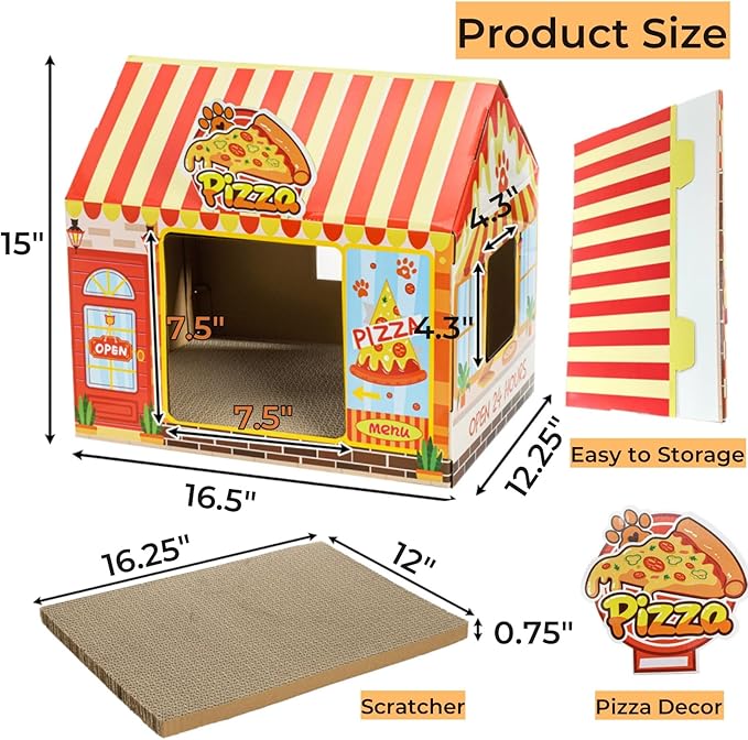 2 Pack Cardboard Cat Houses with Scratcher, 16.5''x12.25''x15'' Cat Hideaway Playhouse, Kitty Scratching Beds for Indoor Cats, Pizza Shop Cat Furniture Condo Cave Tent for Bunny Small Animals