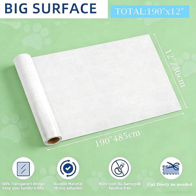Anti Cat Scratch Furniture Protector, 190" x 12" cat Scratch Deterrent for Furniture,Self Adhesive Anti Pet Deterrent Sofa Cover Clear PET Protective Film with 40 Twist Pins