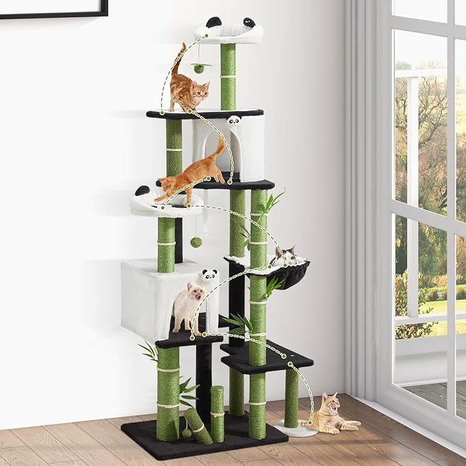 Erinnyees Cat Tree, 71.3 Inches Cat Tower for Indoor Cats with Panda Design, Spacious Cute Kitty Condo with Sisal Scratching Post, Cozy Hammock and Multi-Level Platform, Stylish Pet Furniture