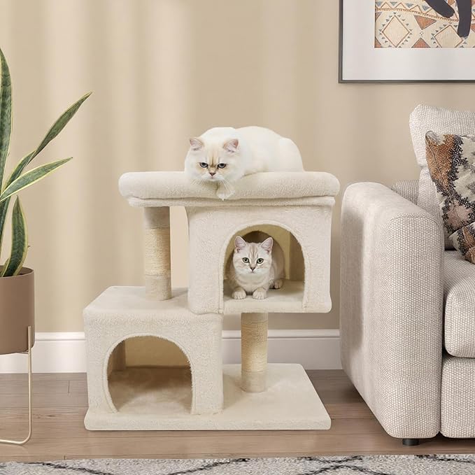 Tangkula Small Cat Tree for Indoor Cats, 25.5 Inch Cat Tower with Sisal Scratching Posts, 2 Large Cat Condos with Padded Top Perch, Modern Cat Climbing Furniture for Adult Cats & Kittens (Beige)