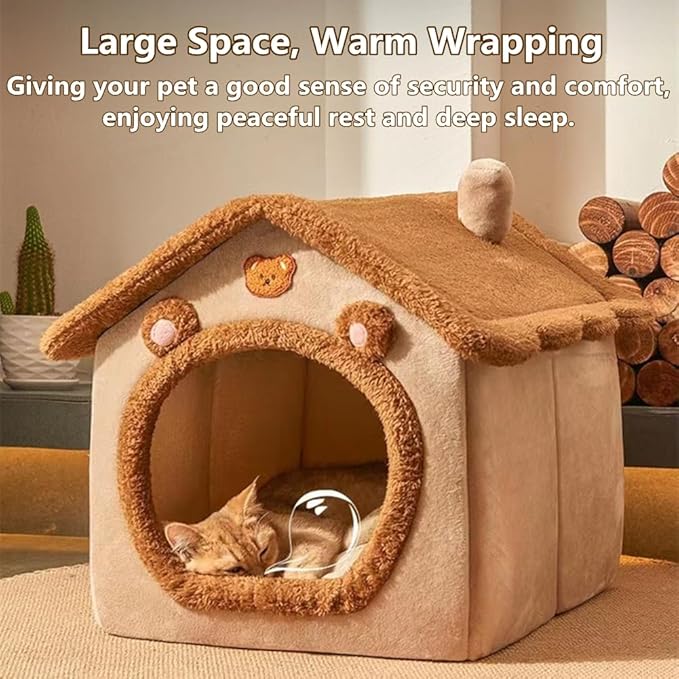 Cat Bed for Indoor Cats, Cozy Cave Bed Cat House Cats Tent with Removable Cushion Pillow, Soft Warm Pet House, Cute Bear Pet Nest for Kitten Small Dogs (Brown, M-18.1x14.57x15.75 Inches)