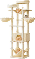 77-Inch Tall Cat Tree, Multi-Level Large Cat Tower with 4 Hammocks, 2 Padded Perches, Cat Condo, Sisal Scratching Posts and Hanging Toys for Adult Cats, Beige
