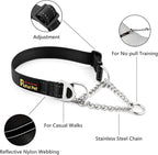 Plutus Pet Martingale Dog Collar with Stainless Steel Chain and Reflective Nylon, Adjustable No Pull Training Collar, for Small Medium, and Large Dogs, Black, L