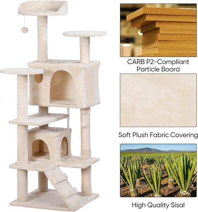 LEMY 54 Inch Cat Tree,Multi-Level Cat Tower Condo for Indoor Kittens,Beige Cat House with Sisal-Covered Scratching Post for Cats to Play and Sleep