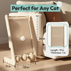 Cat Scratcher for Indoor Cats, L-Shaped Cat Scratching Board & Ramp, Solid Wood Cat Scratch Pad, with Hanging Ball & 3 Bottom Play Balls, Ideal for All Cats (Wood Grain, L)