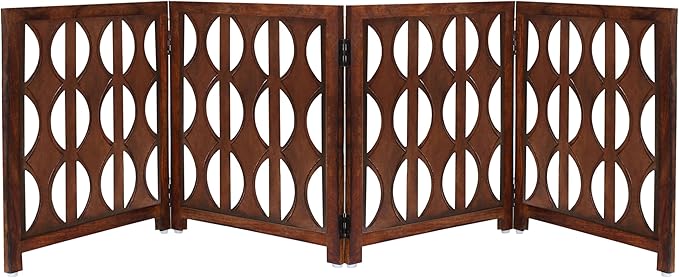 Wooden Foldable Pet Dog Safety Gate - 4 Panels Arc 20 W x 24 H- Hand Carved Solid Wood & MDF- Free Standing Portable Indoor Doorway Hall Stairs Puppy Fence -Fully Assembled- Cinnamon Brown -IRONGATE