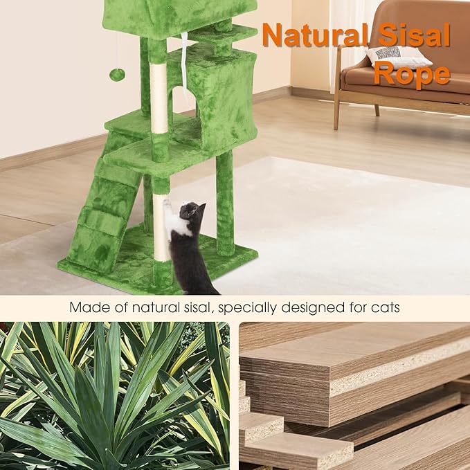 Cat Tree 69.3 inches Cat Tower for Indoor Cats Cat House with Replaceable and Removable Dangling Ball Cat Trees and Towers with Funny Toys, Green