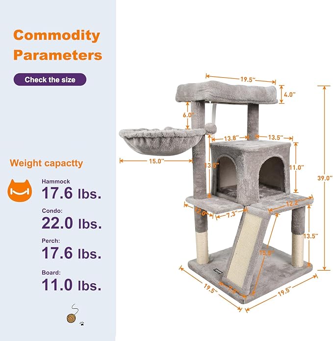 38-in Heavy-Duty Cat Tree for Large Cats, Multi-Level Tower with Sisal Scratching Posts, Plush Perch, Hammock & Condo Anti-Tip Design
