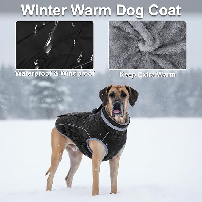 Dog Coat, Warm Dog Winter Coat for Large Dogs, Waterproof Jacket with Harness Built in, Reflective Turtleneck Cold Weather Coats with Zipper,Pet Fleece Vest Snow Jacket, Black XL