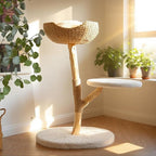 Modern Cat Tree, Natural Pear Wooden Cat Tower for Indoor Cats, Real Branch Luxury Cat Condo with Scratching Post & Hanging Toy Ball（35" Tall）