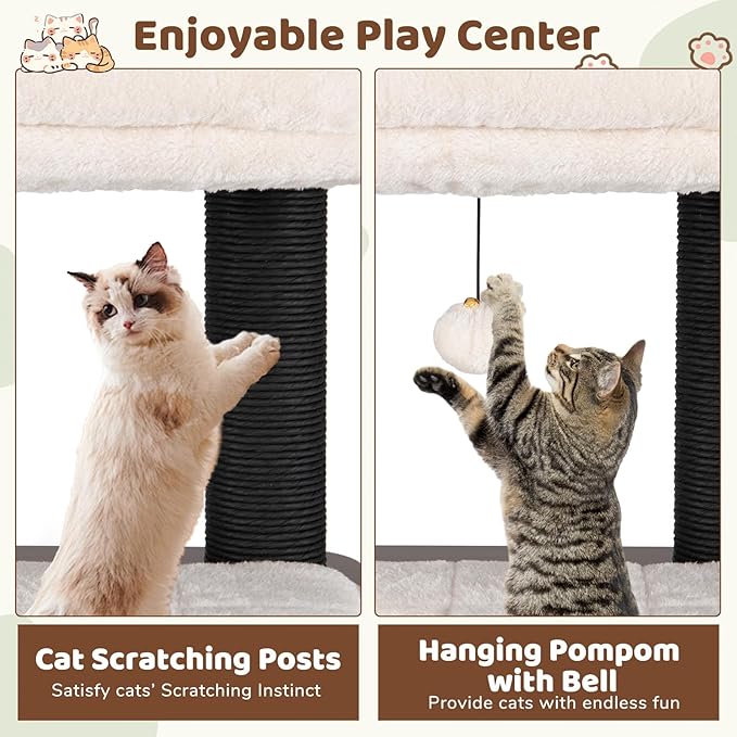 PETSITE 64-inch Wooden Cat Tree, Multi-Level Modern Cat Tower with Scratching Posts, Spacious Condo with Top Cat Hole and Removable Soft Pad, Comfy Padded Top Perch, and Dangling Ball