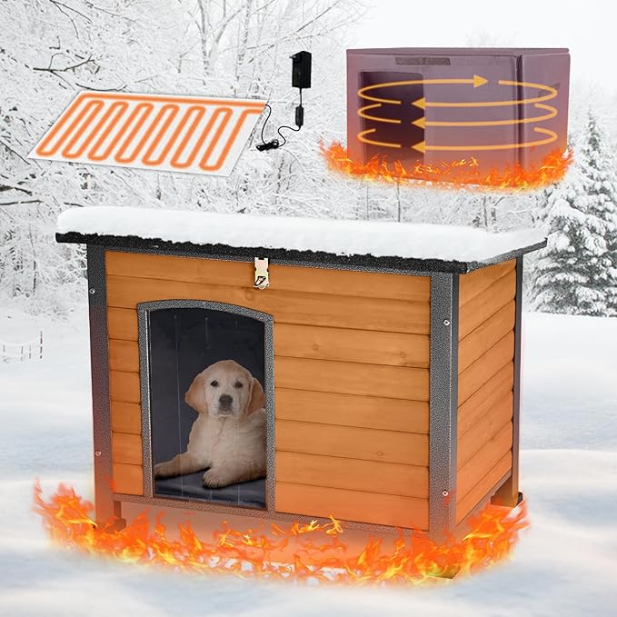 Heated Dog House Outdoor,Anti Bite Iron Frame Dog Kennel with Adjustable Temperature and Time,Insulated Weatherproof Outside Shelter for Feral Animal (Brown, M)