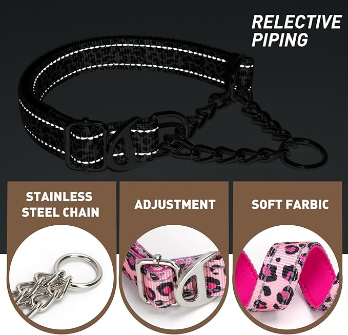 Reflective Martingale Collar with Chain，Pink Leopard Choker Collar for Dogs No Pull Dog Collar for Medium Large XL Dogs(Pink L)