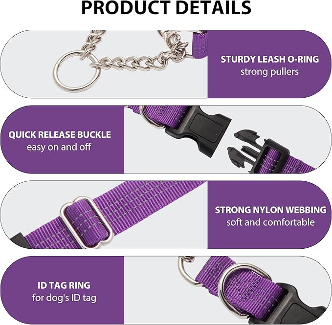 Martingale Dog Collar with Quick Release Buckle Steel Chain No Pull Training Reflective Collar for Medium Large Dogs(Purple, Medium)